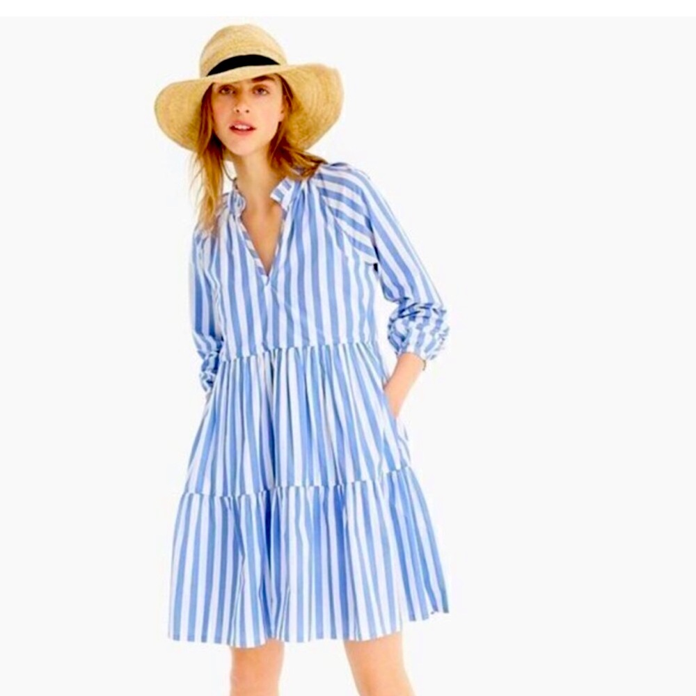 J.Crew Tiered Blue and White Stripe Poplin Dress Sz XL